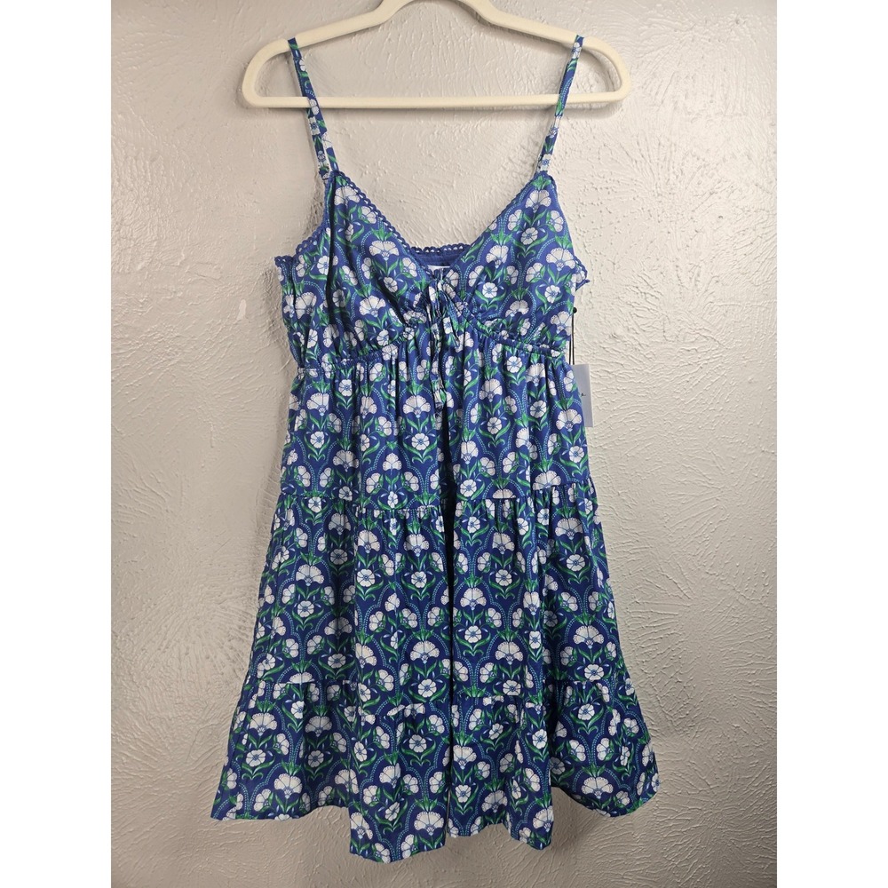 Japna Floral Tiered Mini Dress M Blue Cotton Babydoll Flowy Sundress Boho Garden